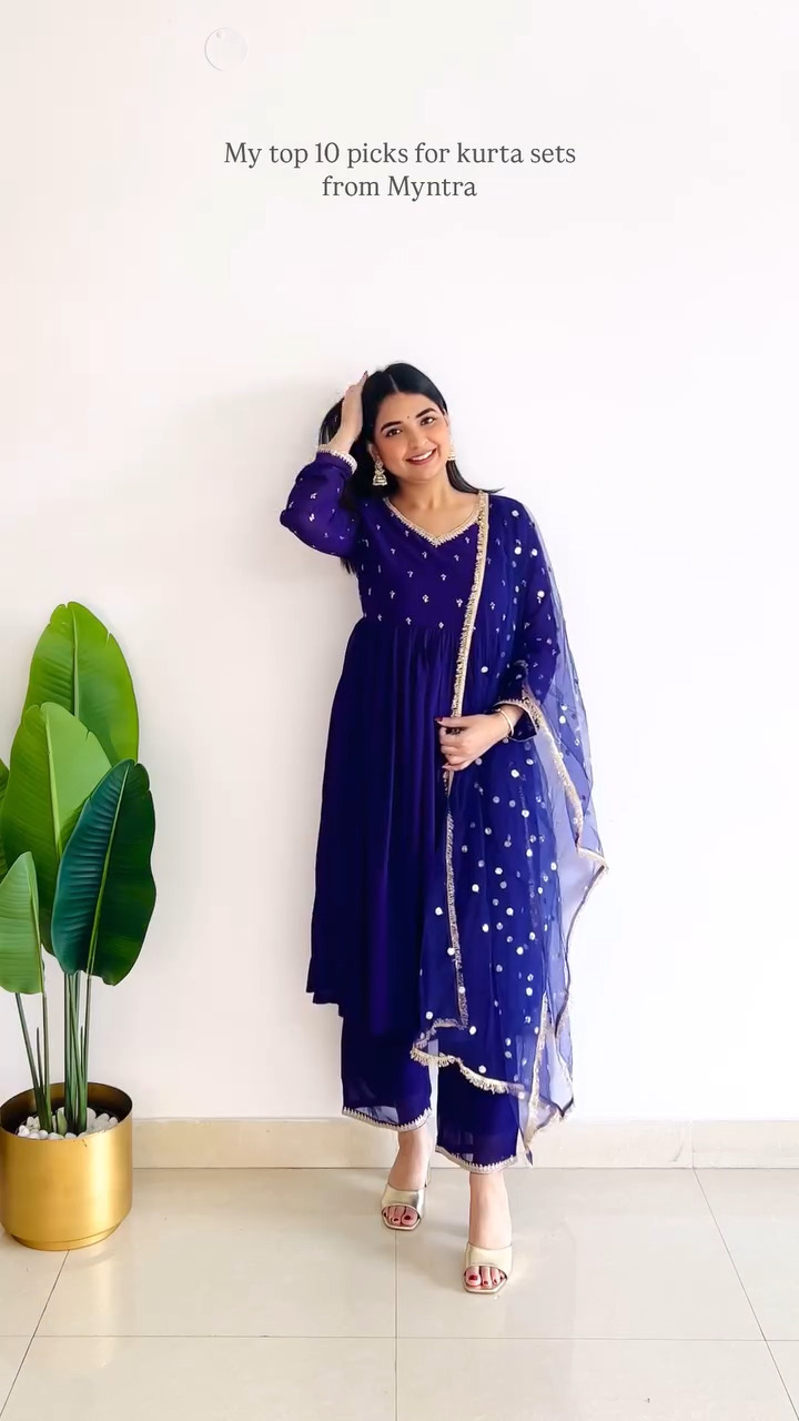 Royal Blue Embellished Kurta Set with Sheer Dupatta